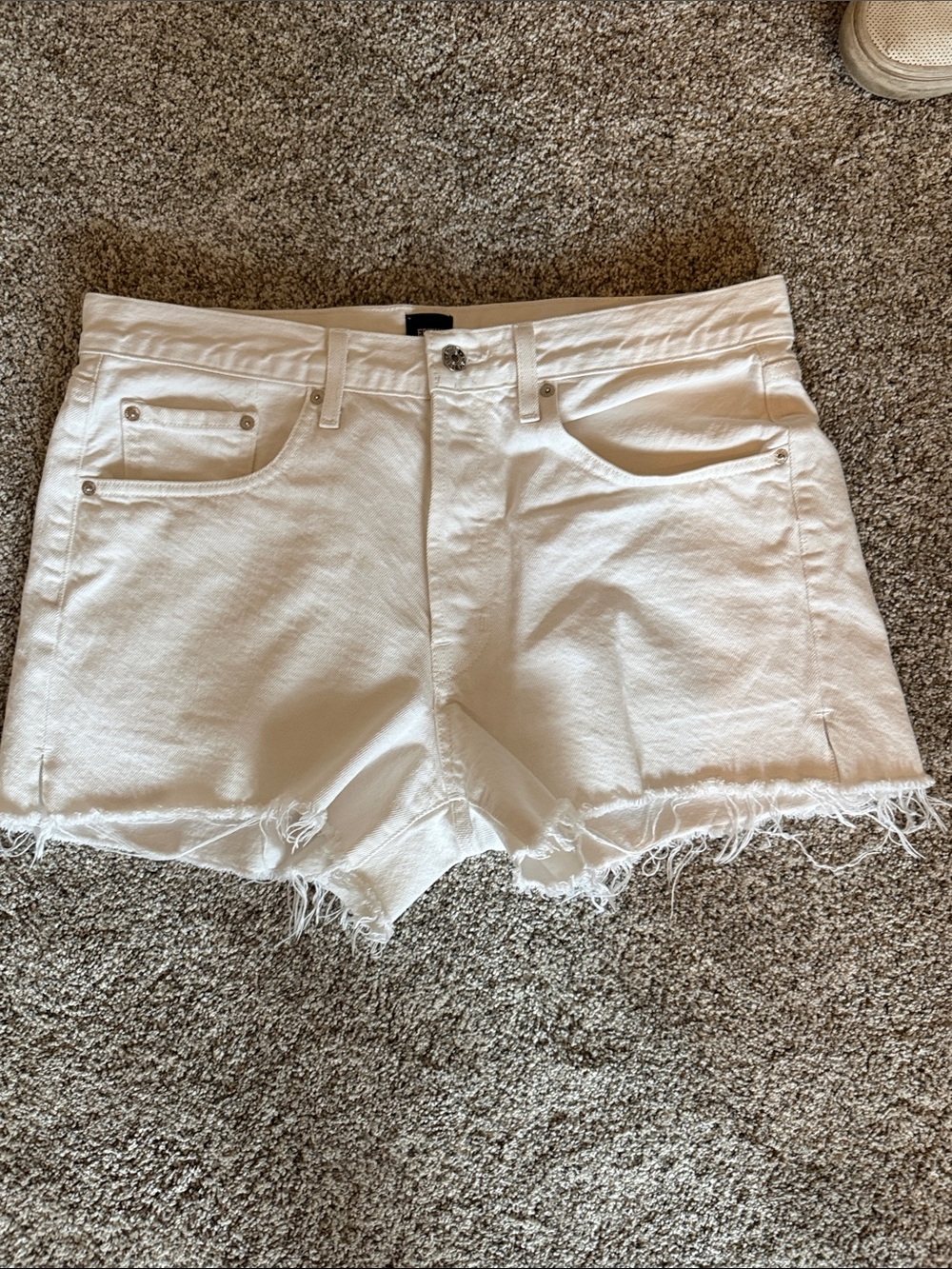 Edwin White Frayed Hem Denim Shorts